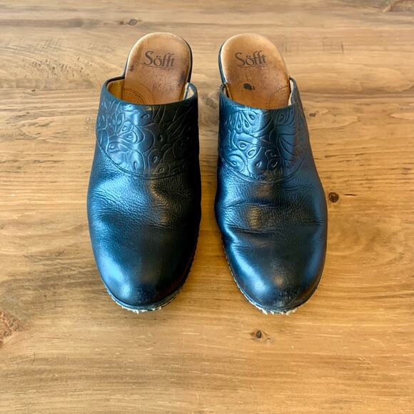 Sofft Clogs Mules Women's 10 Black Leather Slip-On Heel Embossed Casual - Picture 5 of 16